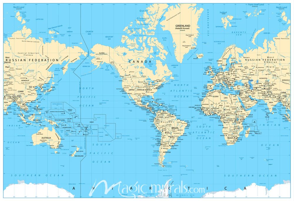 Americas-Centered World Map with Dateline on Blue Wallpaper Wall Mural