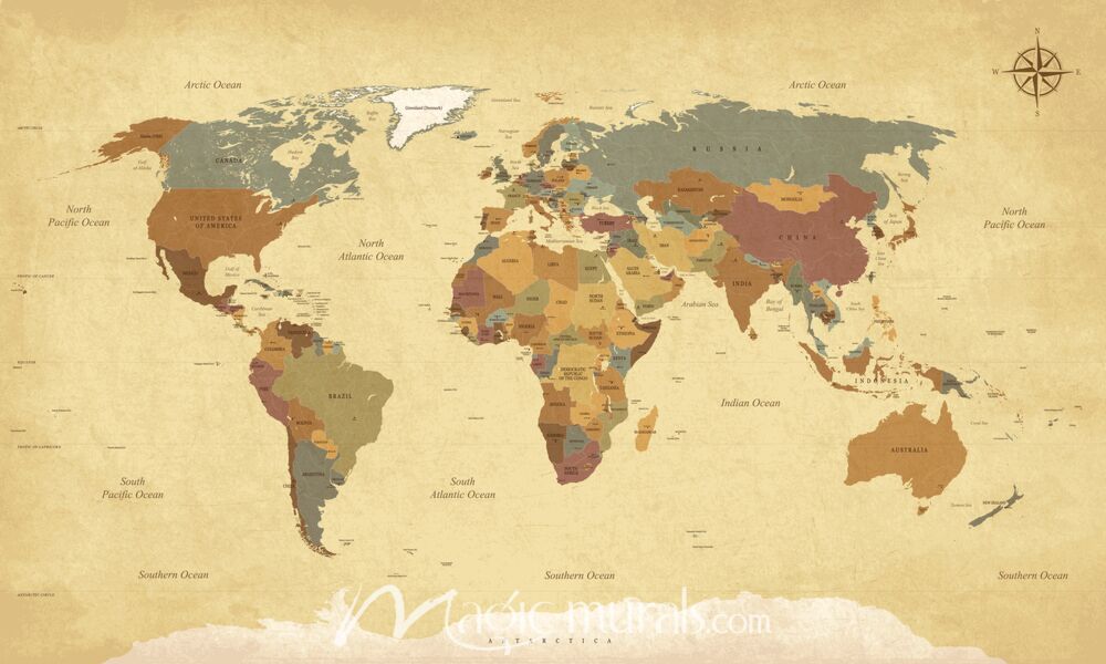 Vintage Looking Africa-Centered World Map Wallpaper Wall Mural