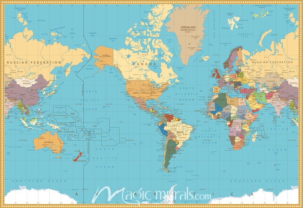 Retro-Colored Americas-Centered Political World Map Wallpaper Wall Mural