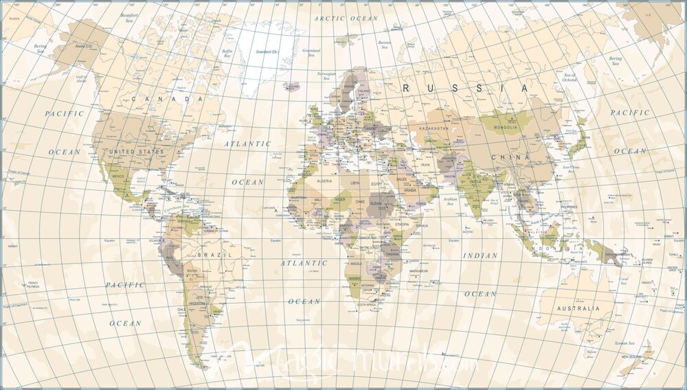 Modern Vintage-Style World Vector Map Wallpaper Wall Mural