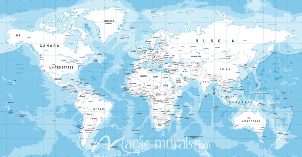 Blue and White Africa-Centered World Map Wallpaper Wall Mural