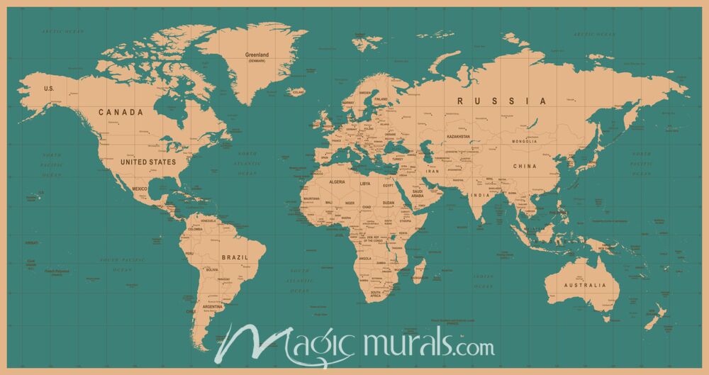 Beige Africa-Centered World Map on Aquamarine Wallpaper Wall Mural