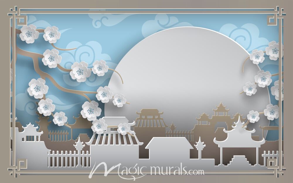 Chinese Paper Cut Out Village Moon Wallpaper Wall Mural