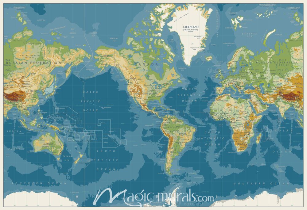 Americas-Centered Bathymetric World Map with Dateline Wallpaper Wall Mural