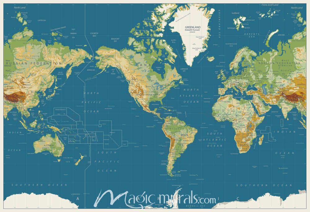 Americas-Centered Physical World Map Wallpaper Wall Mural