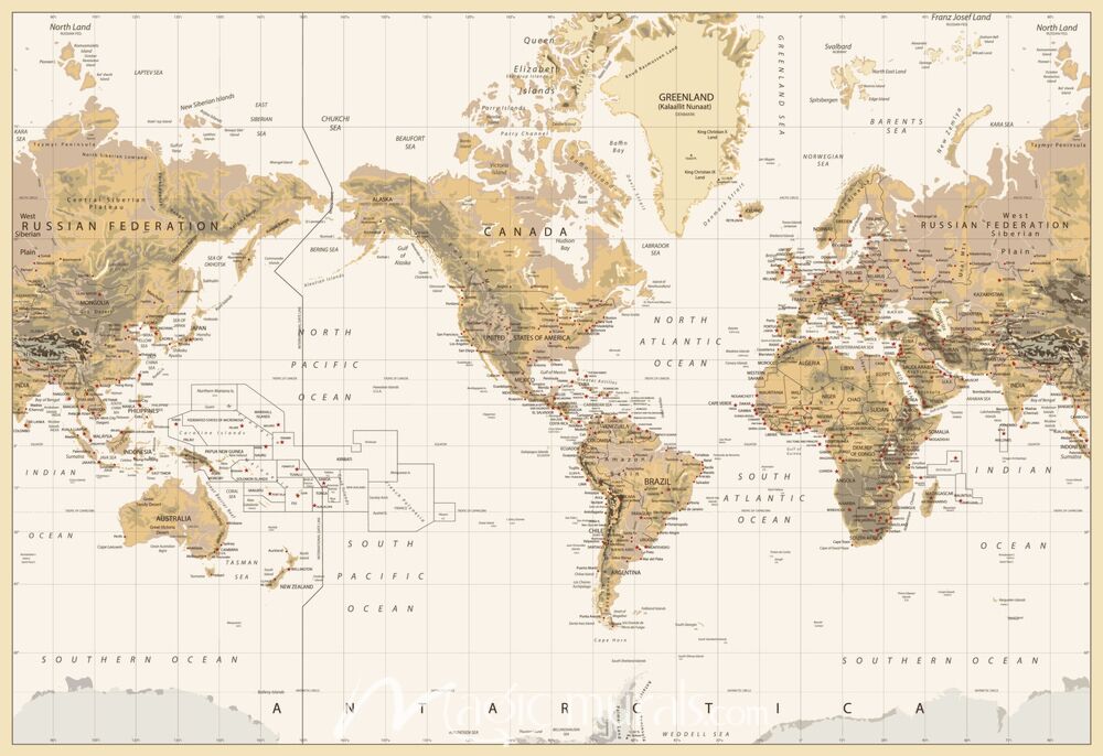 Americas-Centered Physical World Map in Earth Tones Wallpaper Wall Mural