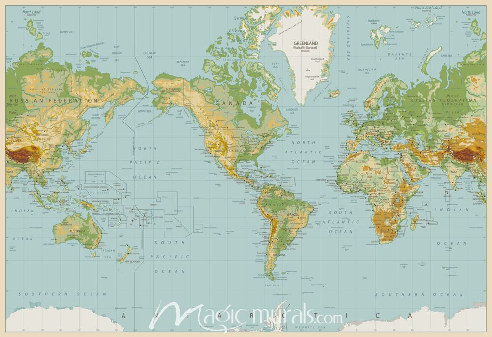 Physical World Map with Country Names Wallpaper Wall Mural