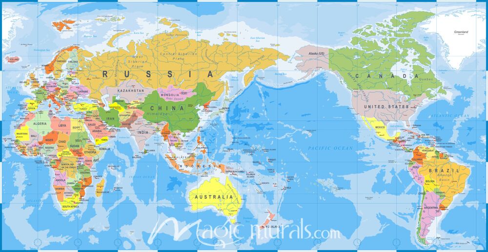 Colorful Pacific-Centered World Map Wallpaper Wall Mural