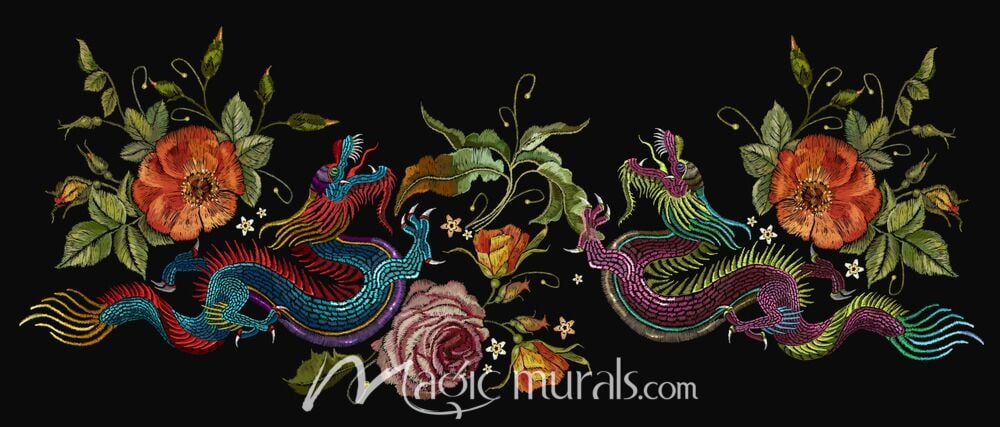 Embroidered Look Chinese Dragons Wallpaper Wall Mural