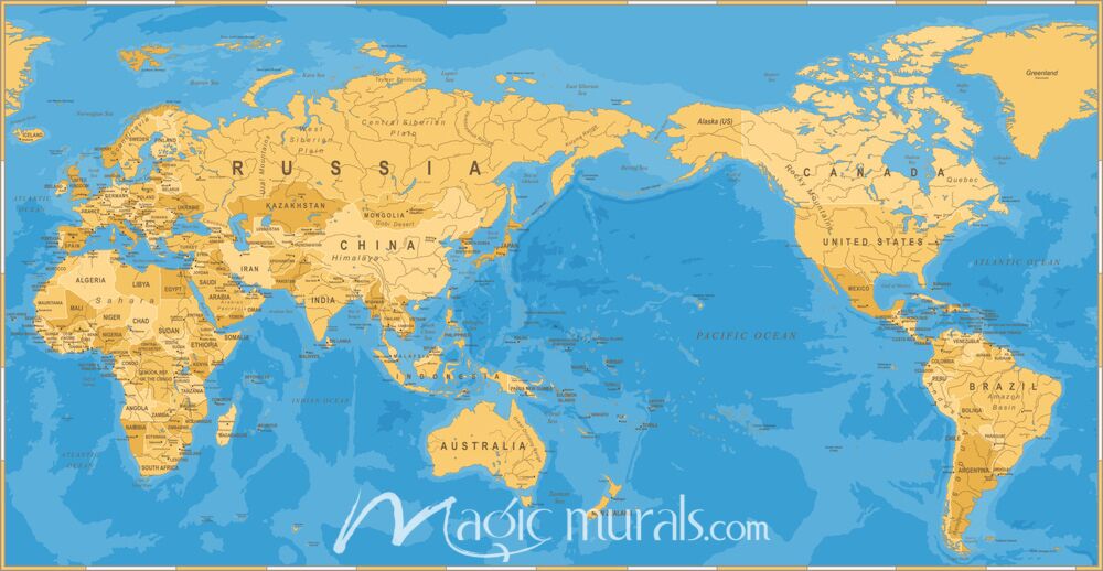 Pacific-Centered Political World Map in Beige and Blue Wallpaper Wall Mural