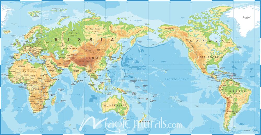 Pacific-Centered Physical World Map Wallpaper Wall Mural