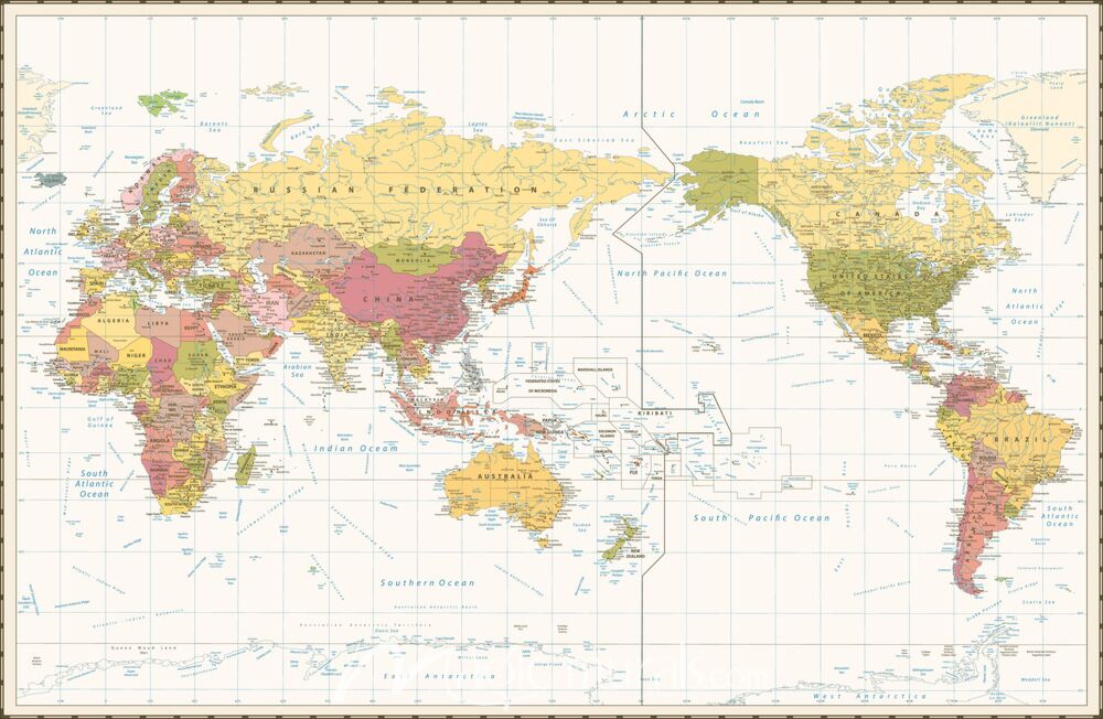 Retro-Colored Pacific-Centered World Map with Dateline Wallpaper Wall Mural