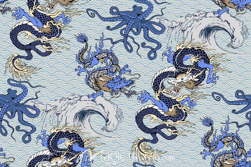 Asian Dragon w Octopus and Waves Wallpaper Wall Mural