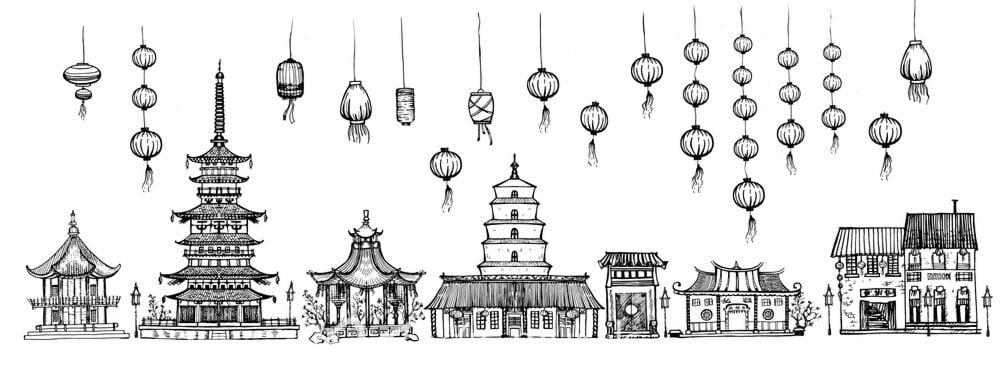 Pagodas and Lanterns Drawing Wallpaper Wall Mural