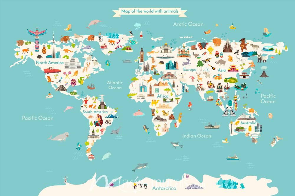 Kids Illustrated World Map Wallpaper Wall Mural