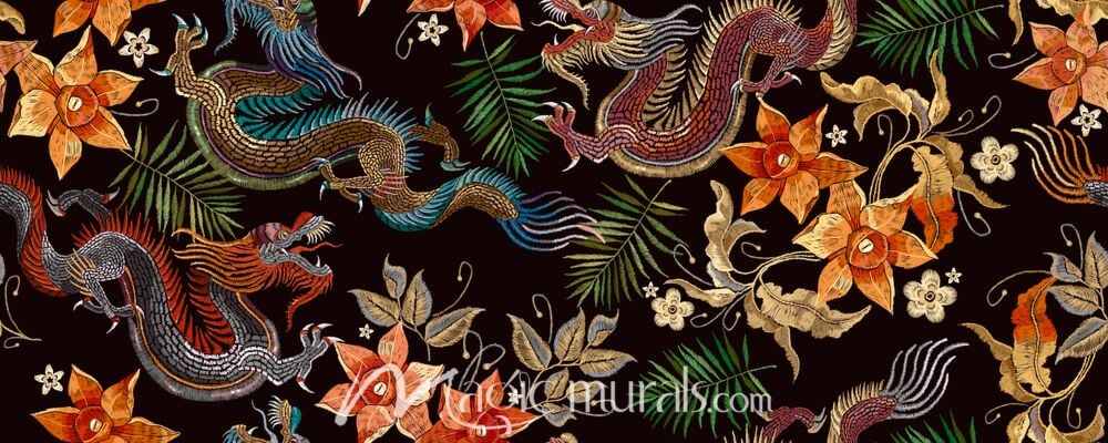 Embroidered Look Chinese Dragons and Flowers Wallpaper Wall Mural