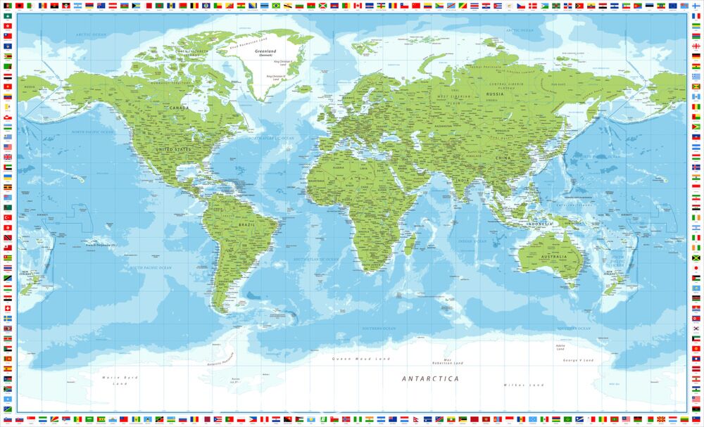 Green World Map with World Flag Border Wallpaper Wall Mural