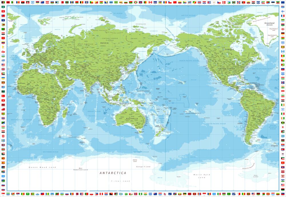 Green World Map with World Flag Border II Wallpaper Wall Mural