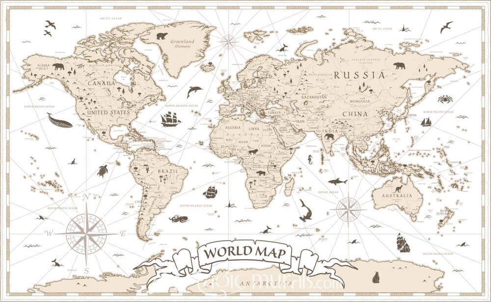 Illustrated Vintage-Style World Map Wallpaper Wall Mural