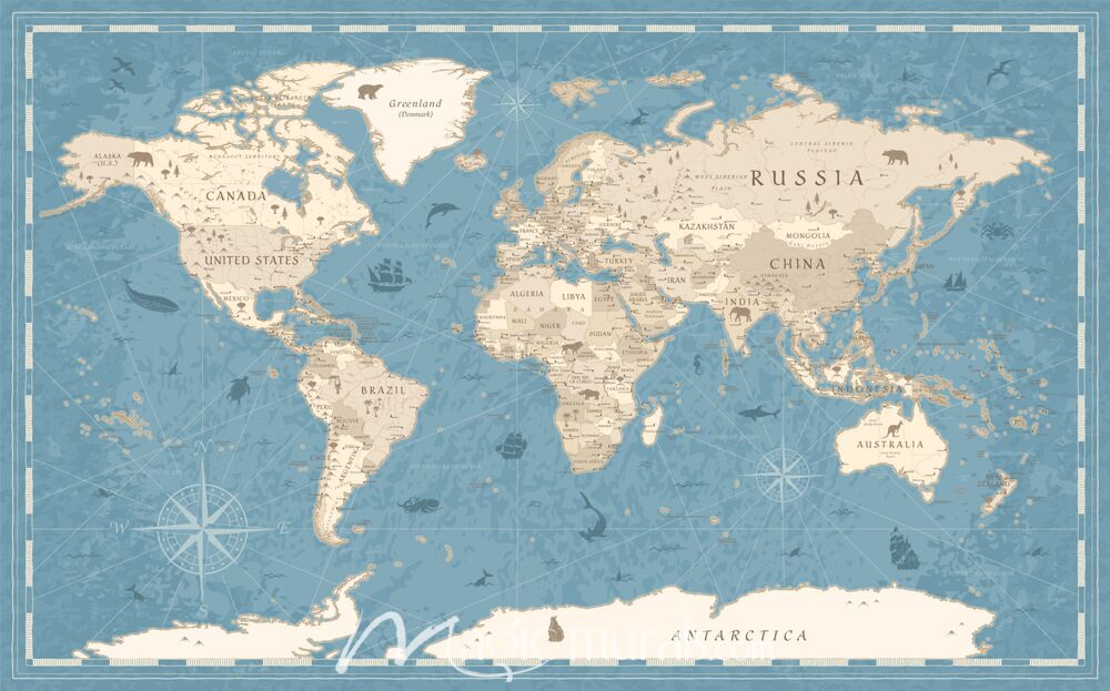 Illustrated Vintage-Style World Map II Wallpaper Wall Mural