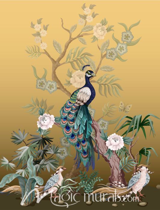 Peacock on Golden Floral 4051 Wallpaper Wall Mural