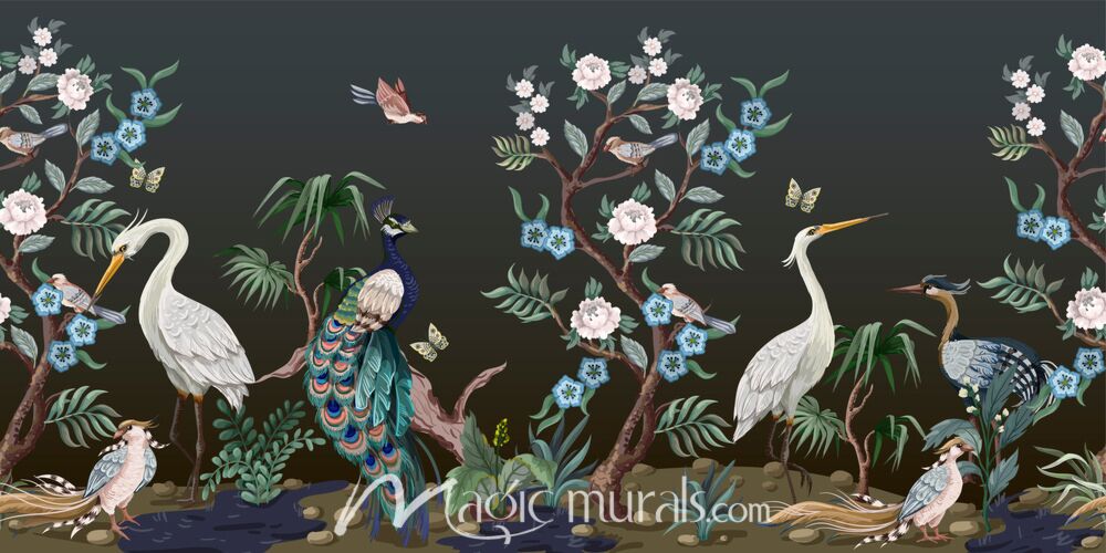 Herons and Peacock Floral 7217 Wallpaper Wall Mural