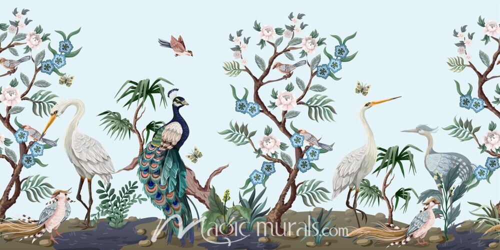 Herons and Peacock Floral 7527 Wallpaper Wall Mural