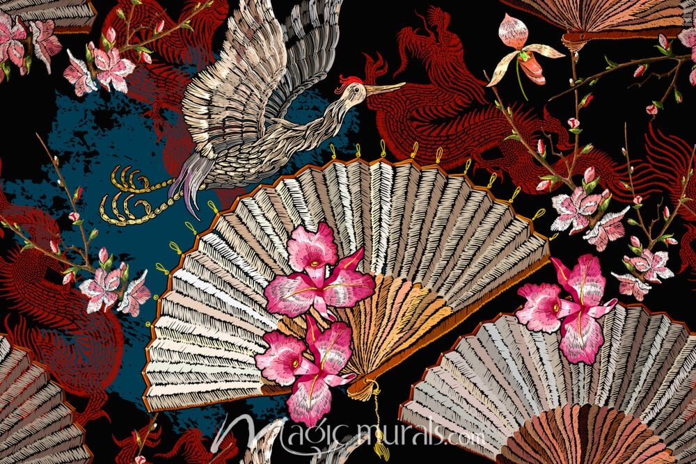 Asian Cranes and Fans 5402 Wallpaper Wall Mural