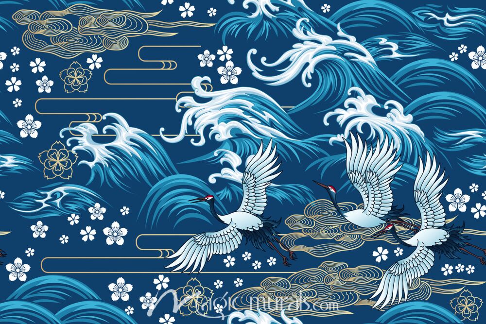 Crane and Waves Seamless Pattern Wallpaper Wall Mural