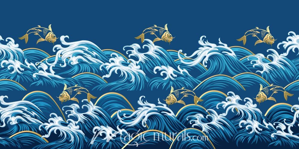 Waves and Carp on Blue 8353 Wallpaper Wall Mural