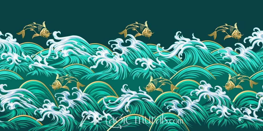 Waves and Carp in Green 8470 Wallpaper Wall Mural