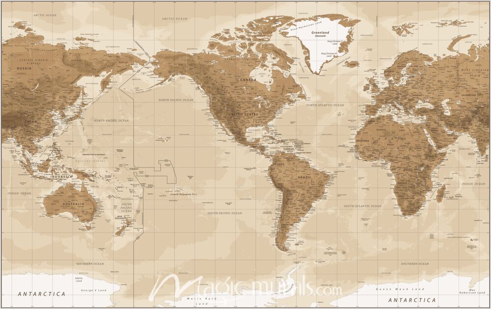 Vintage Style Americas-Centered Physical World Map II Wallpaper Wall Mural