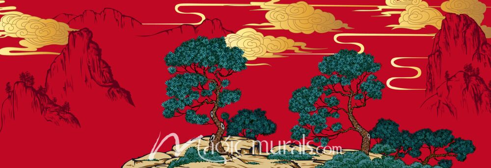 Chinese Landscape in Red 2023 Wallpaper Wall Mural