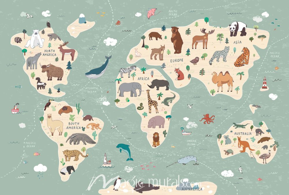 Large Animals Illustrated World Map for Kids Wallpaper Wall Mural