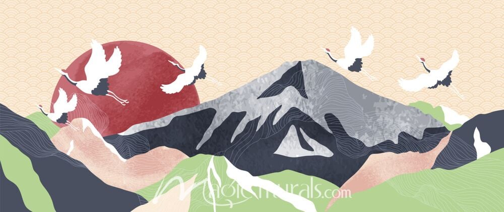 Graphic Asian Landscape w Cranes 1428 Wallpaper Wall Mural