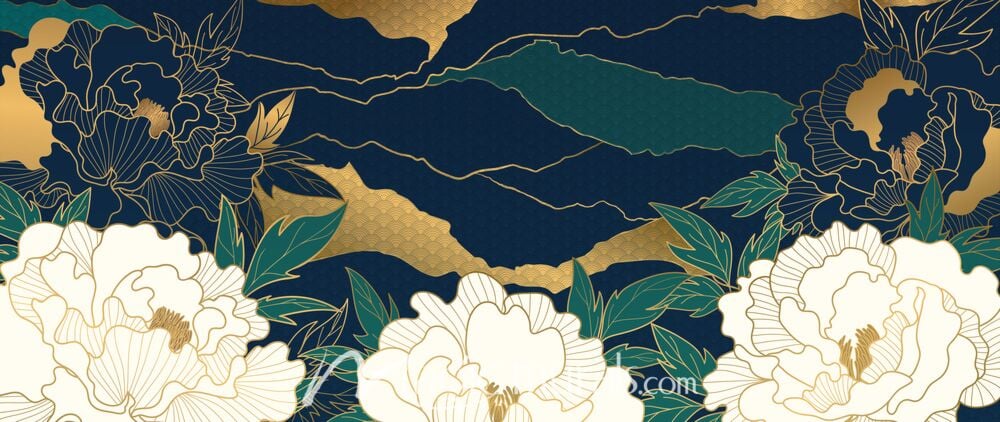 Golden Peonies w Landscape 0431 Wallpaper Wall Mural