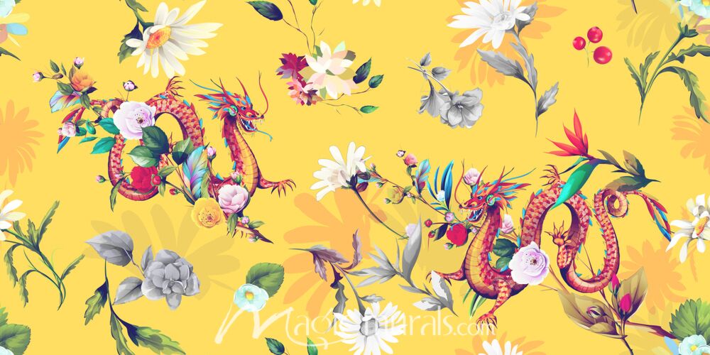 Vintage Chinese Dragon and Chamomile 0685 Wallpaper Wall Mural