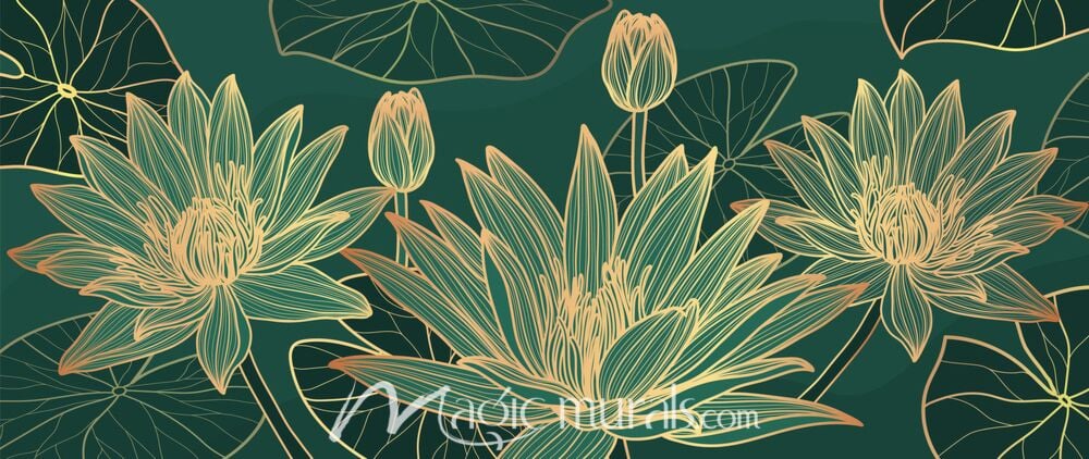 Golden Lotus on Green 6069 Wallpaper Wall Mural