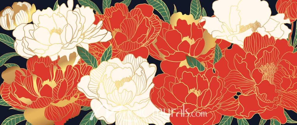 Red and White Lotus in Gold 1783 Wallpaper Wall Mural