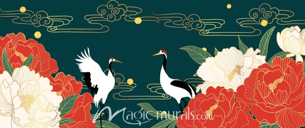 Lotus and Cranes on Green 1804 Wallpaper Wall Mural