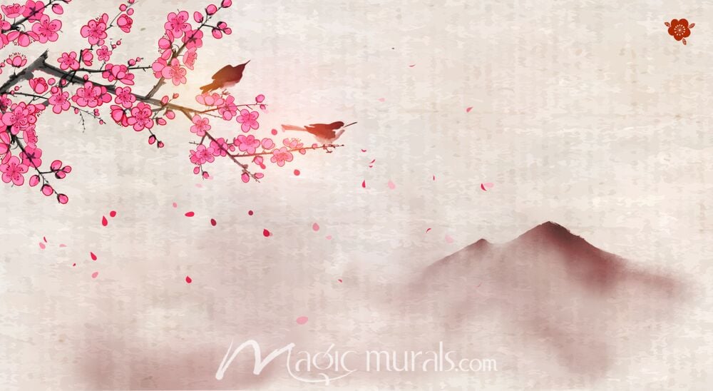 Sakura Branch Birds and Mountain Ink Wash 4314 Wallpaper Wall Mural