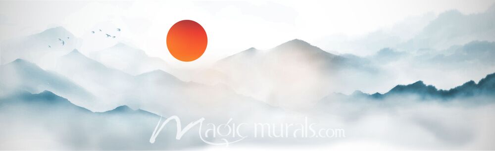 Mountains w Red Sun Ink Wash Painting 0326 Wallpaper Wall Mural