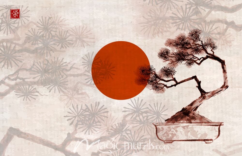 Bonsai and Red Sun Ink Wash Painting 1803 Wallpaper Wall Mural