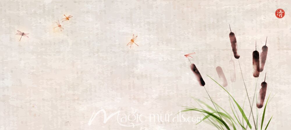 Cattail Reeds and Dragonflies Ink Wash 4943 Wallpaper Wall Mural