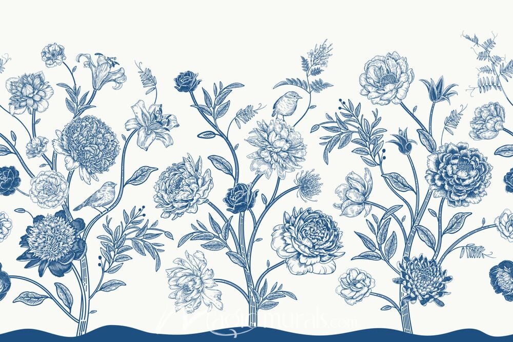 Birds and Flowers in Blue 7054 Wallpaper Wall Mural