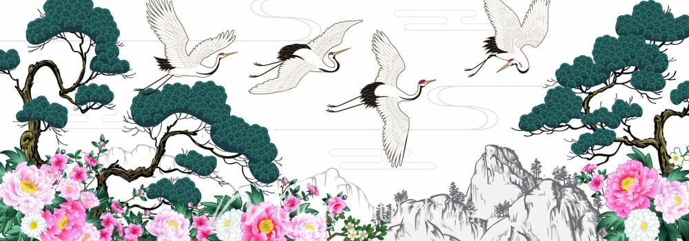 Japanese Cranes and Pines 0887 Wallpaper Wall Mural