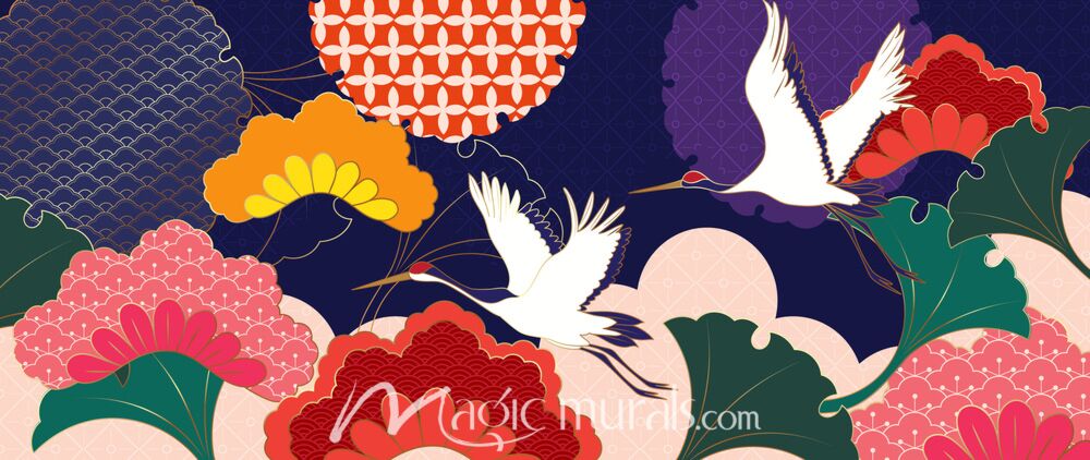 Abstract Cranes and Flowers 4219 Wallpaper Wall Mural