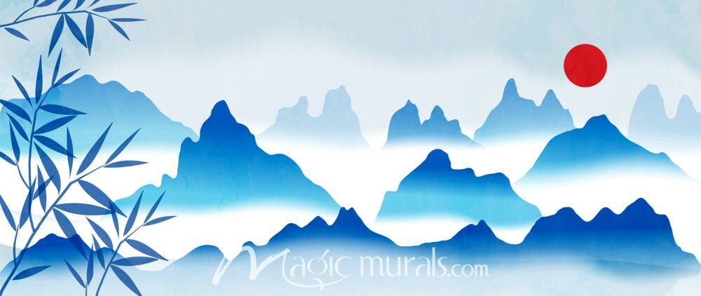 Blue Mountains Red Sun Ink Wash 4941 Wallpaper Wall Mural