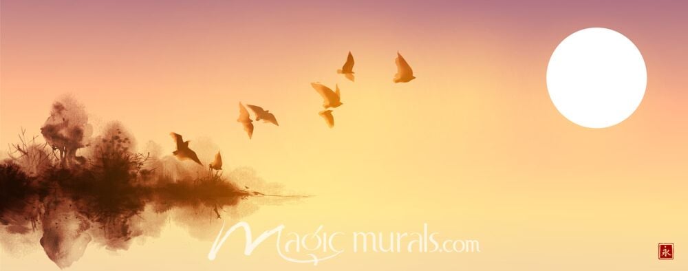 Sunset With Birds Ink Wash Painting 6179 Wallpaper Wall Mural