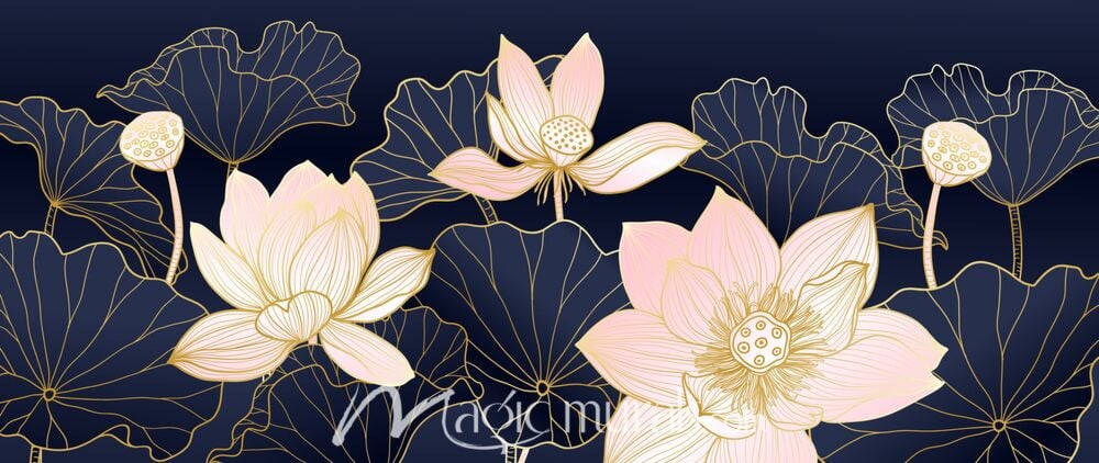 Pink Gold Lotus on Blue 1445 Wallpaper Wall Mural